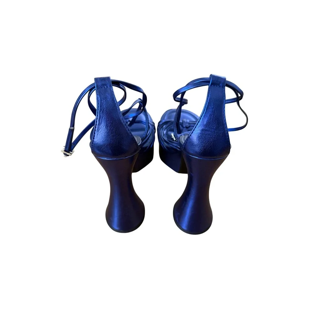 Zara Metallic Blue Strappy Platform Sandals Flared Block Heel Size 37 - Picture 2 of 7
